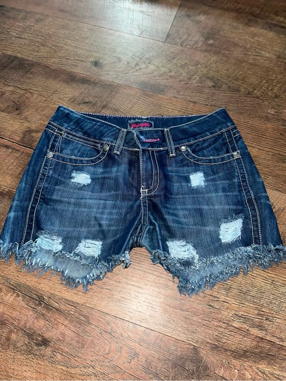 Wrangler Dark Blue Distressed Frayed Hem Denim Shorts